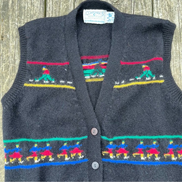 Vintage 80s Winter Sports Wool Intarsia Knit Button Up Sweater Vest Medium - Picture 2 of 6